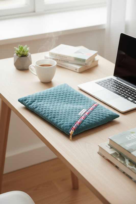 Computer sleeve i quiltet velour - støvet blå
