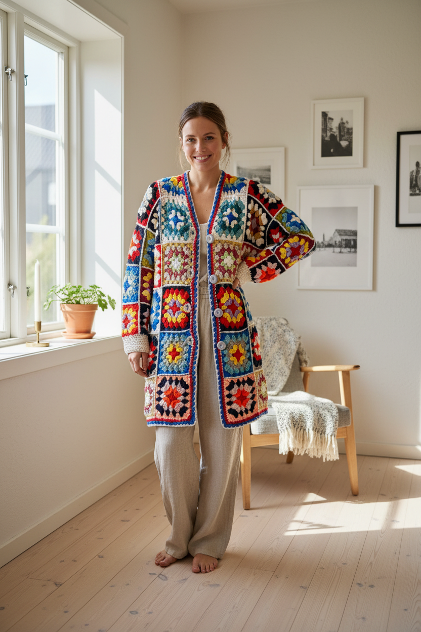 Hæklet lang cardigan med granny squares