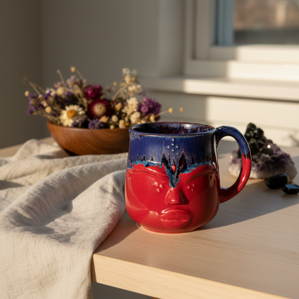 Krus med ansigt – Gaia, Mørk lilla og rød | RG Ceramic