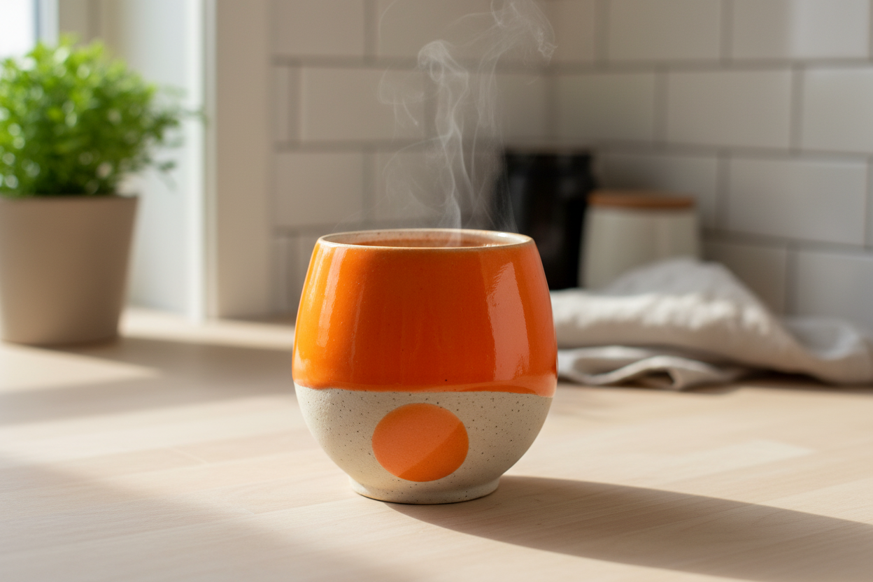 Tumbler i orange glasur med prik – Håndlavet keramik af Ibs Elsker Keramik