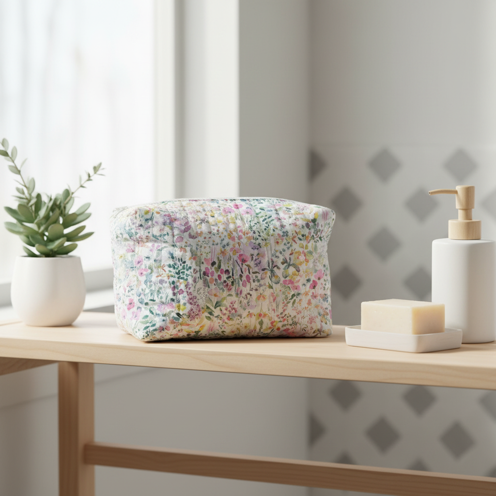 Stor quiltet toilettaske i akvarel blomsterprint – Håndlavet af Irene Kokholm