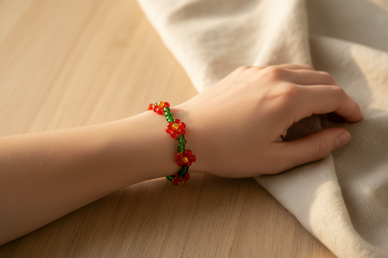 Armbånd i store glasperler - røde blomster
