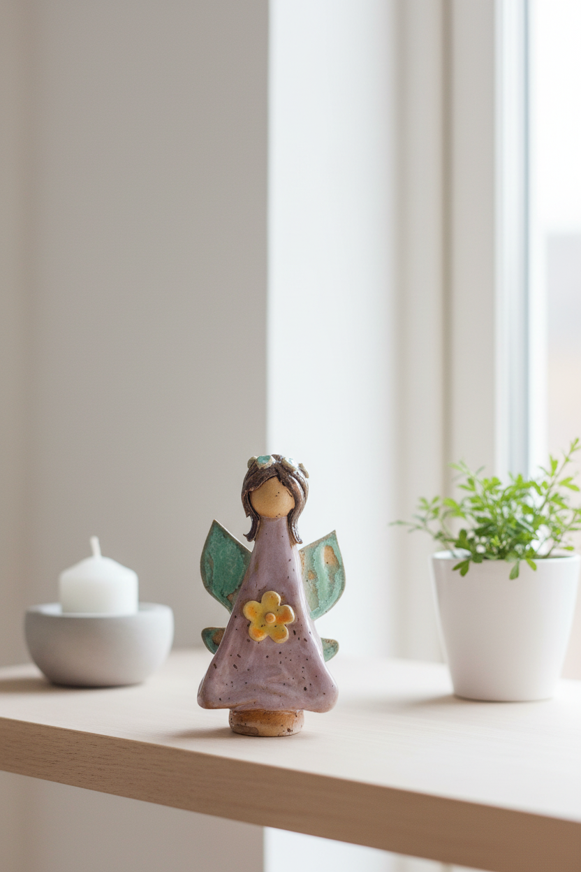 Engel i keramik - støvet lilla med gul blomst