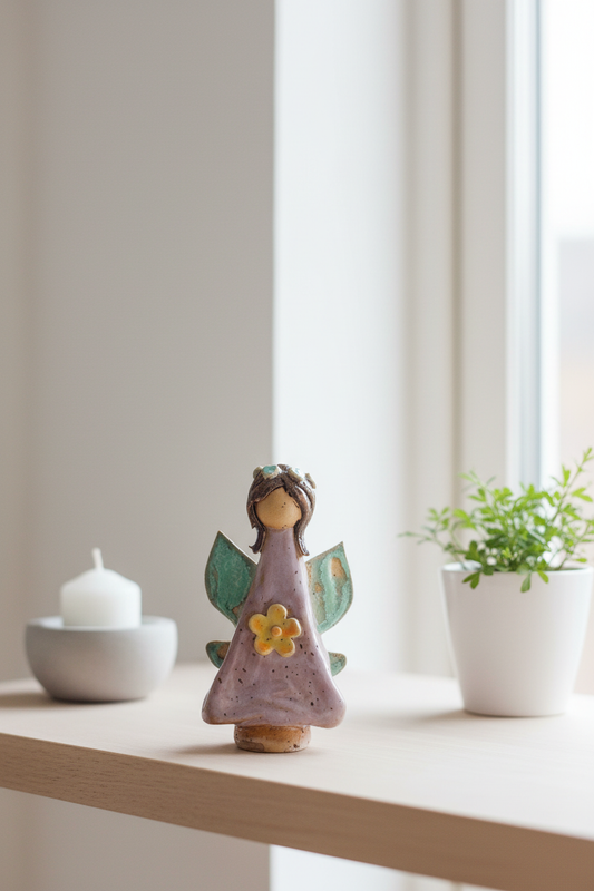 Engel i keramik - støvet lilla med gul blomst
