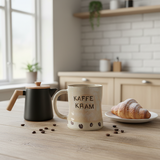 Klemmekrus med hank og „kaffe kram“ – Håndlavet keramikkrus af Charlottes Clayground