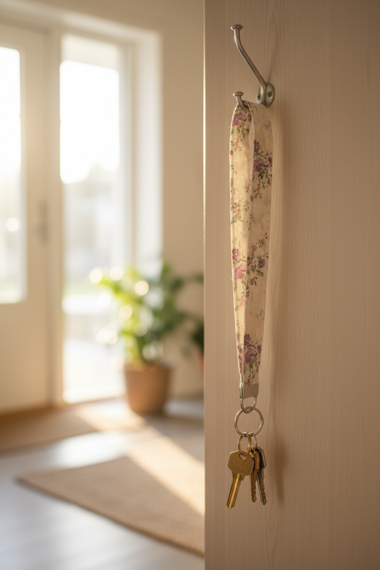 Keyhanger i stof med blomsterprint – vintage lilla blomster | Håndlavet af Irene Kokholm