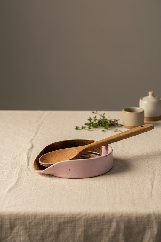 Keramik spoon rest i brun og lyserød – hånddrejet, 11 cm – Karlines Keramik