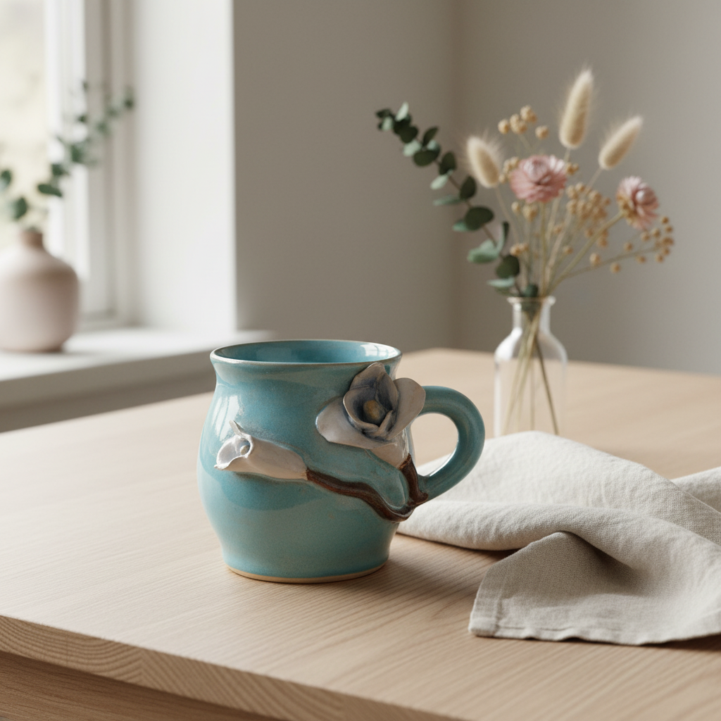 Krus med blomst – Flora, Lyseblå med hvid blomst | RG Ceramic
