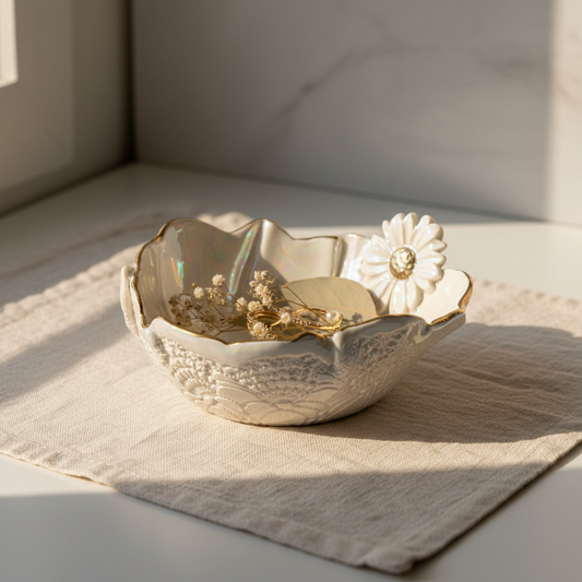 Porcelænsskål med guldkant og blomst – Perlemorsglasur | Jøwjøw