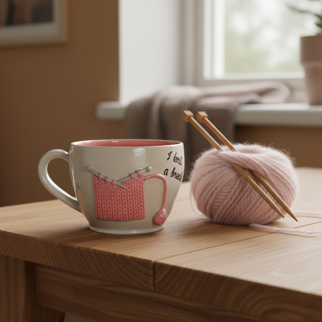 Keramikkrus med strikketøjsmotiv – „I Knit a break“, rosa | Helle Zinn