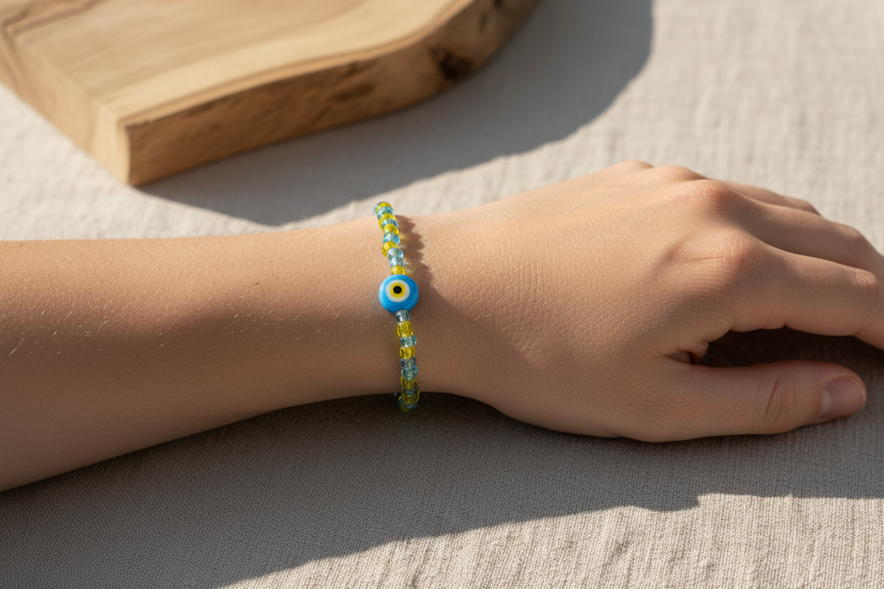 Armbånd i store glasperler - gul/blå