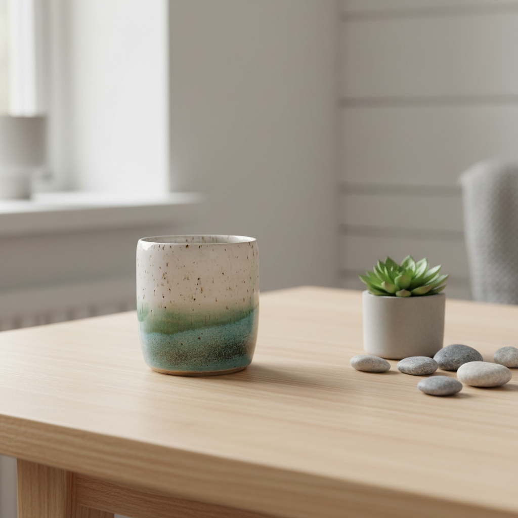 Keramikkrus uden hank – Hvid til blågrøn gradient glasur | Clay by Hornstrup