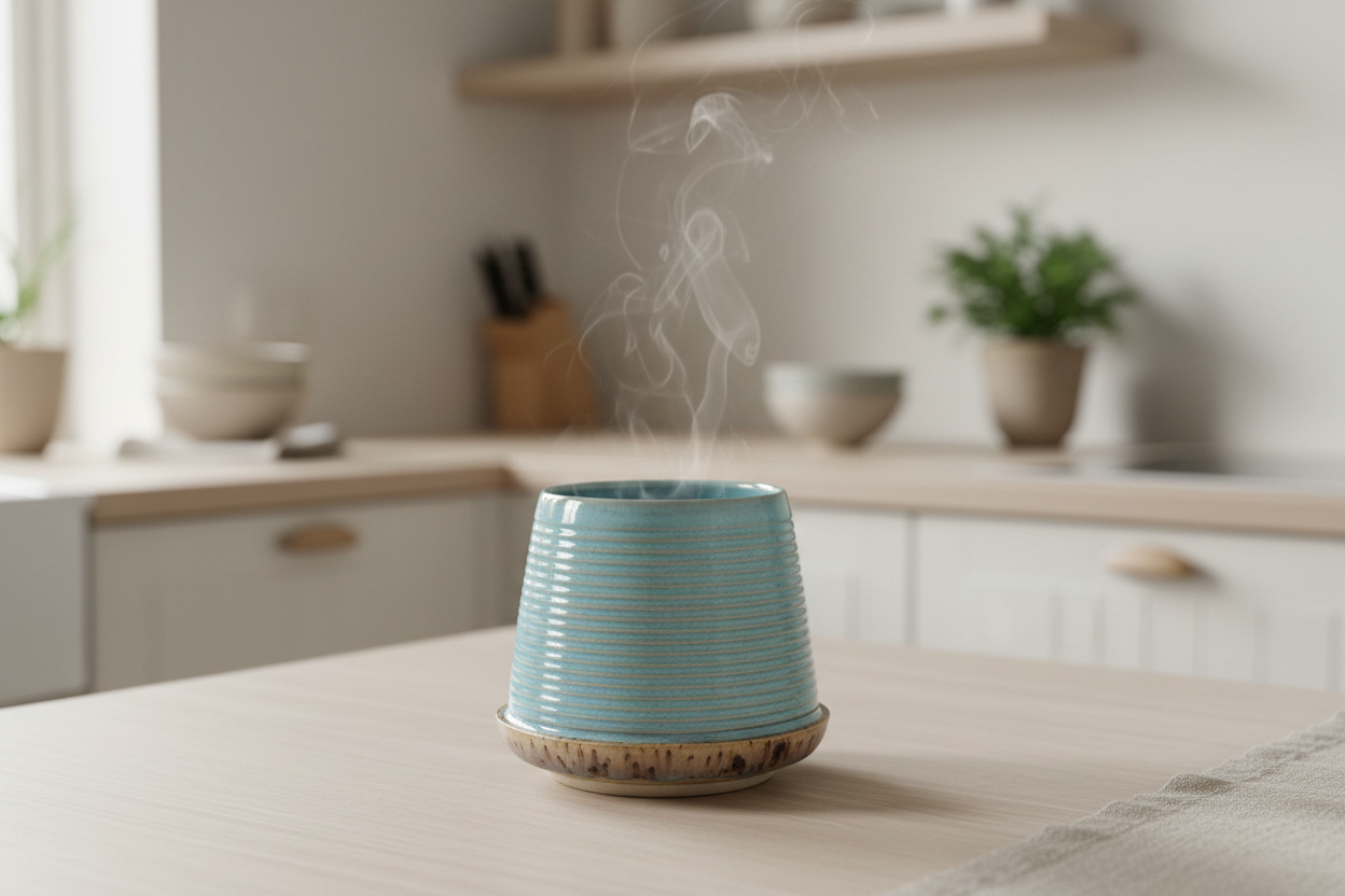 Drejet tumbler i lyseblå glasur med ribbet struktur – Håndlavet af Ibs Elsker Keramik