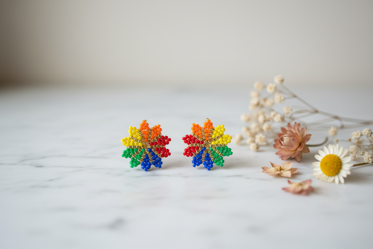 Stylet produktfoto af håndlavede miyuki øreringe formet som regnbue blomst – perfekt til Pride