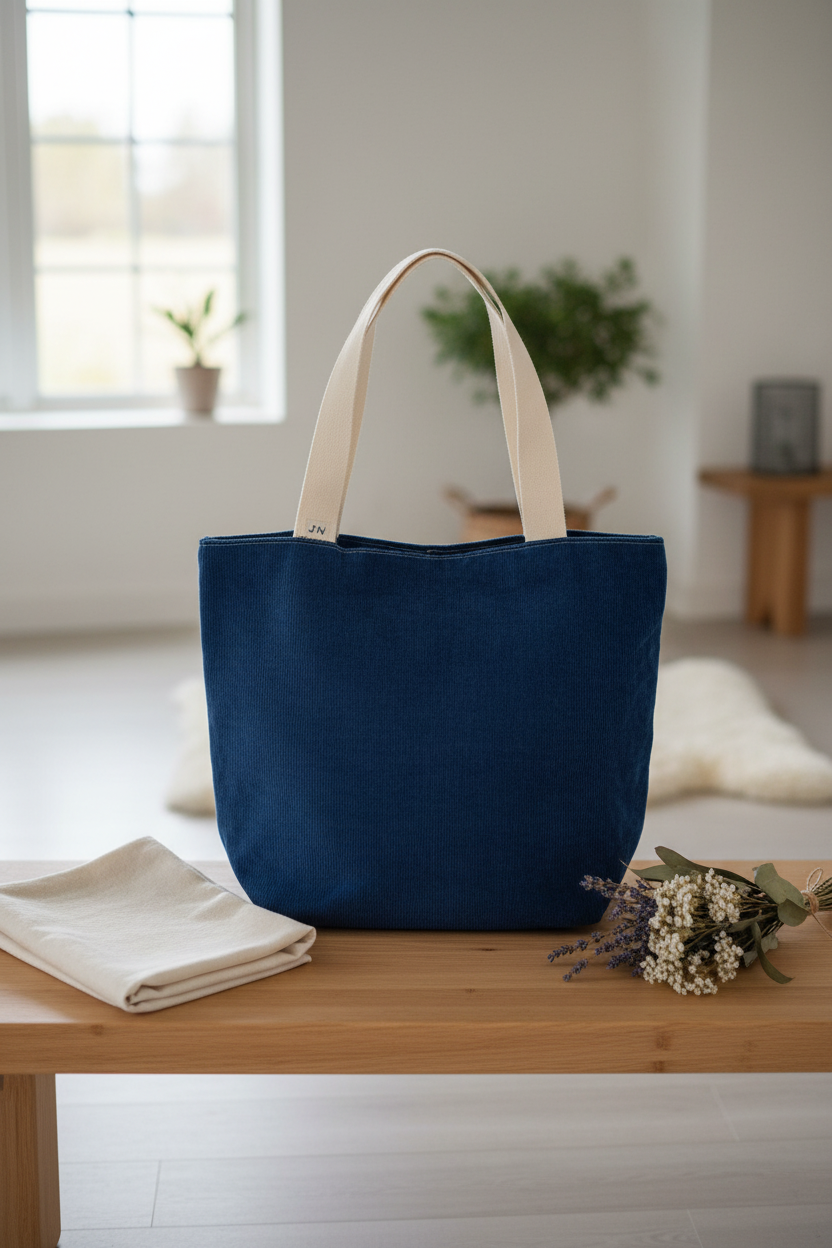 Vendbar totebag – Blåt fløjl/gule blade | JNorteved