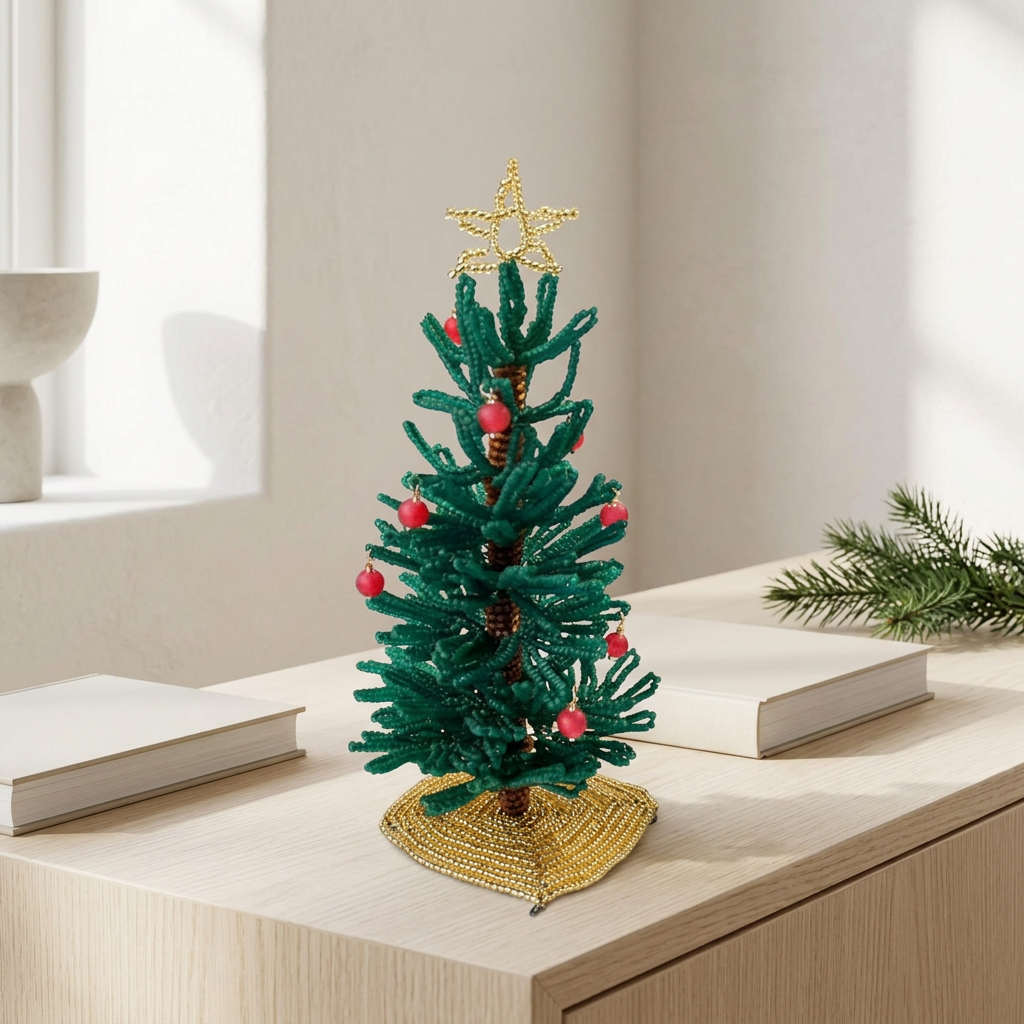 Håndlavet juletræ i glasperler med guldfarvet fod – ca. 16 cm | Kaimers krea