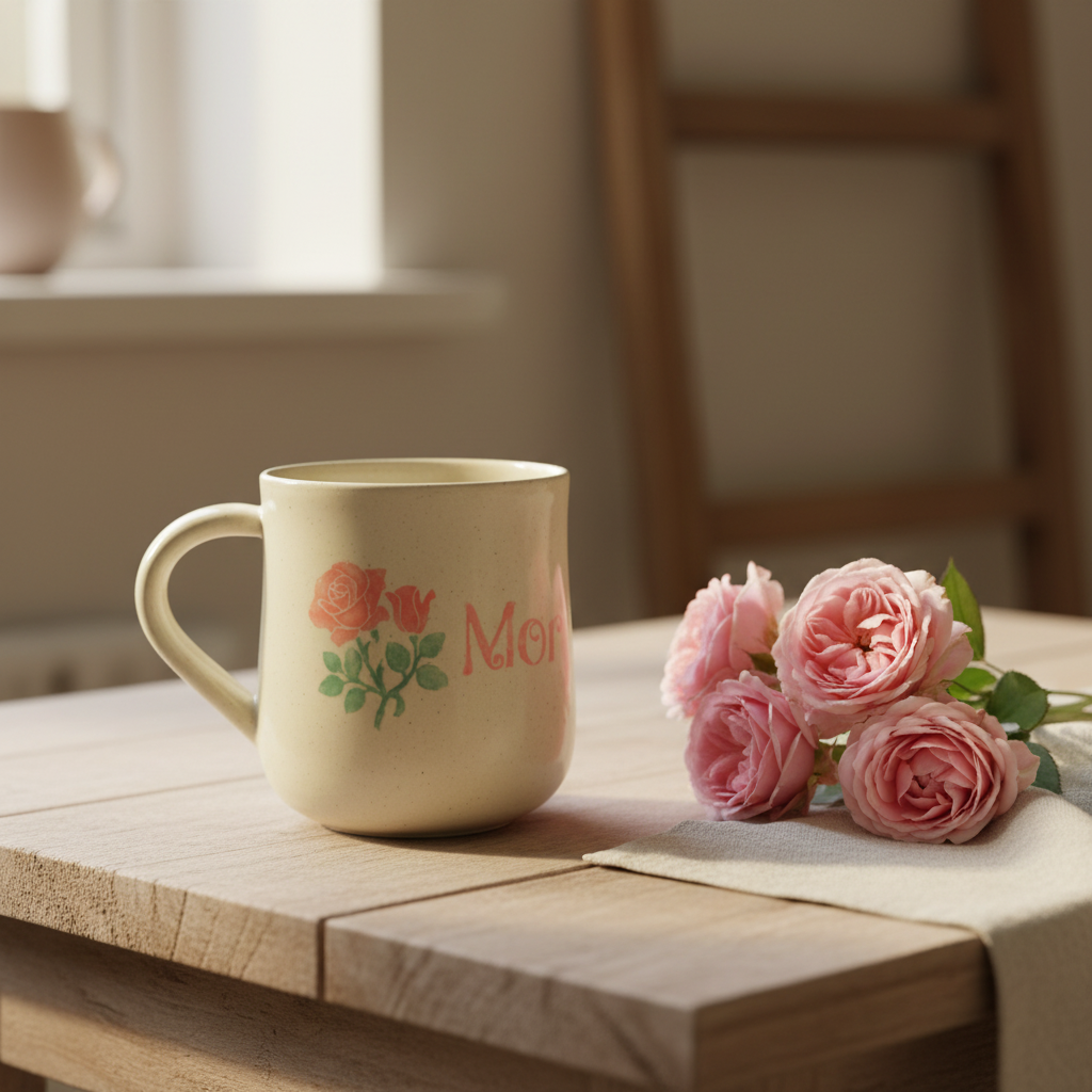 Drejet krus med hank – „Mor“ med lyserød rose | Helle Zinn