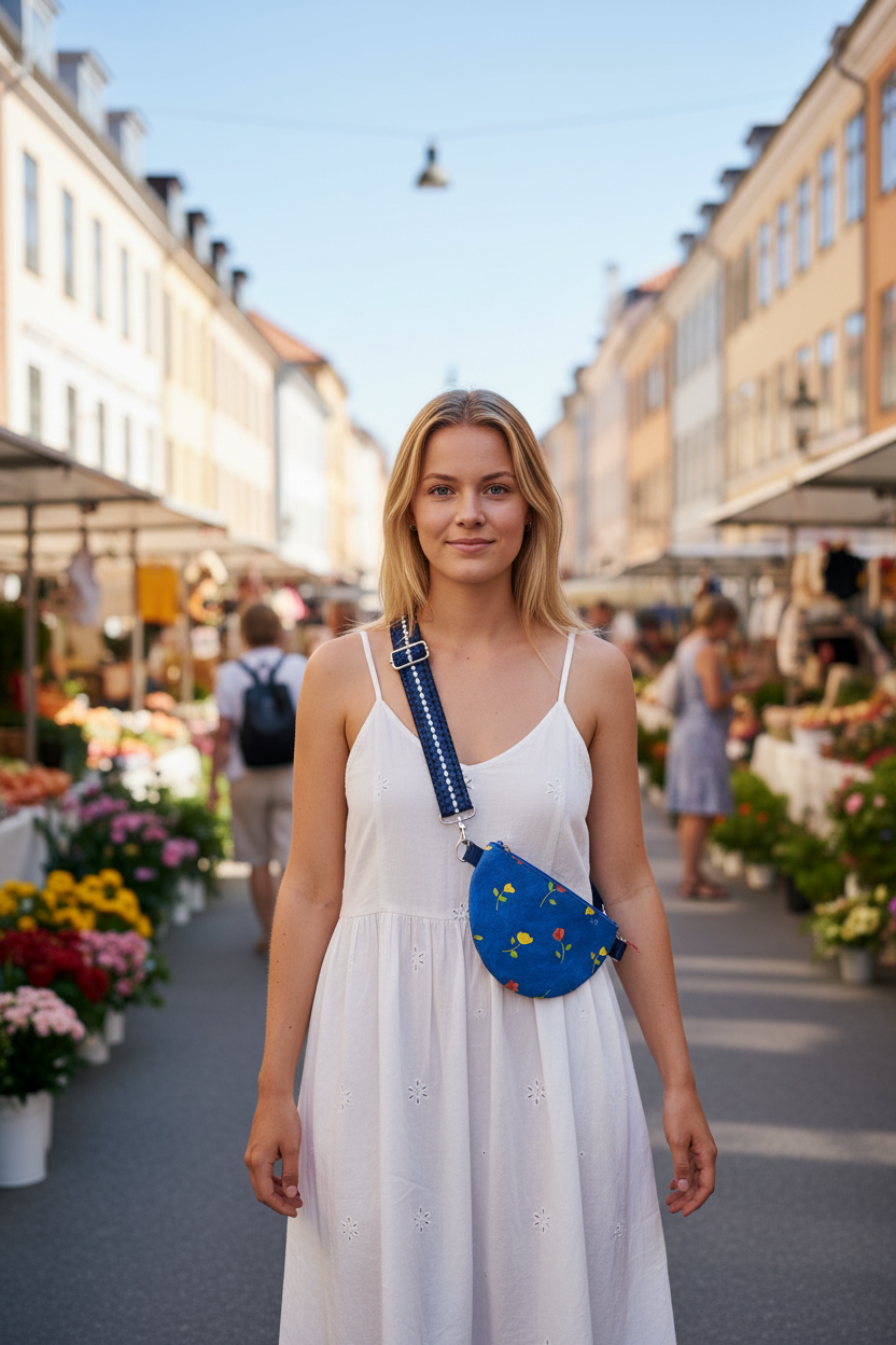 Håndlavet mini crossbody taske – blå med blomster – 20x15 cm | JNortheved