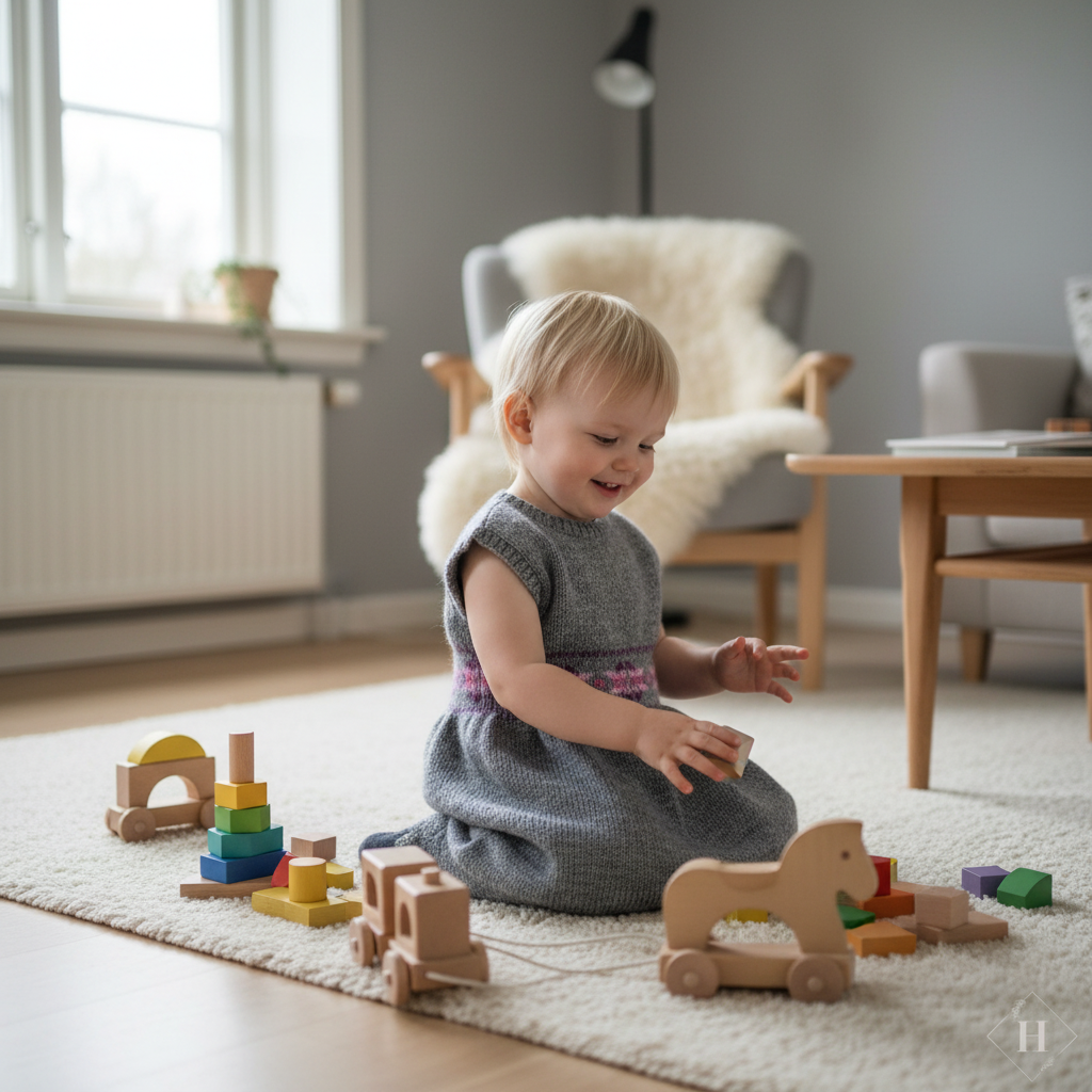 Håndstrikket kjole i grå med mønsterbånd – str. 3-4 år | HG Design