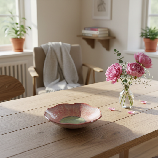 Håndlavet keramik blomsterskål – pink og grøn | Helle Zinn