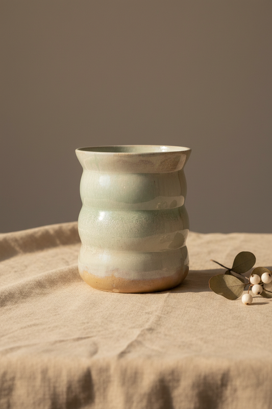 Keramikvase grøn – hånddrejet, 15 cm – Karlines Keramik