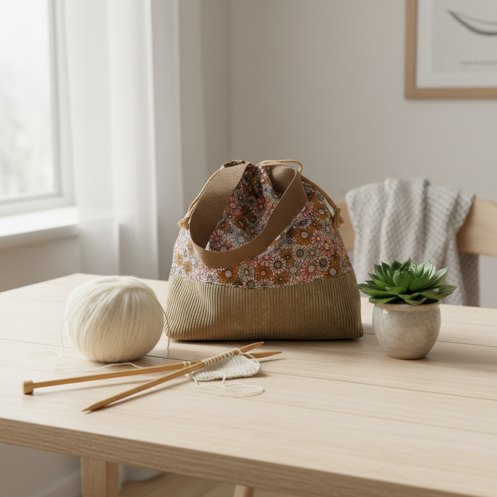 Projekttaske i brun – retroblomster | Irene Kokholm