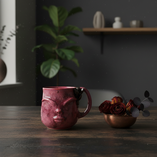 Krus med ansigt – Gaia, hindbærrød med bronzekrystaller | RG Ceramic