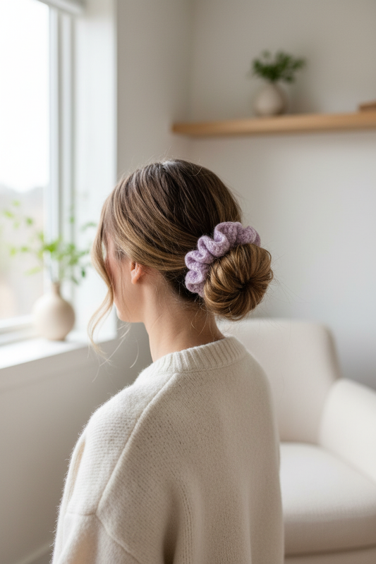 Hæklet scrunchie i bløde pastelfarver – Håndlavet af Irene Kokholm