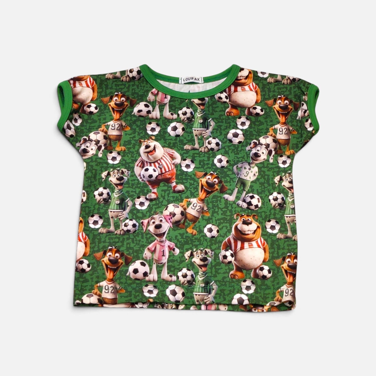 Håndlavet Børne T-shirt (flere størrelser)- Blød Jersey med Fodbold Hunde