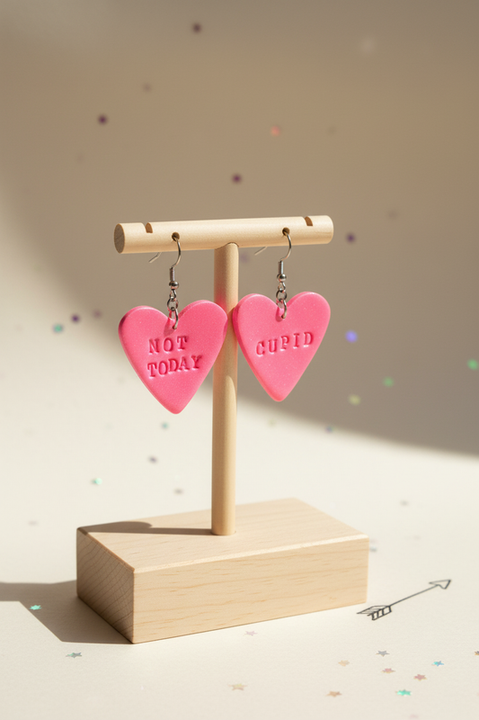 Stylede håndlavede hjerte-ørehængere med tekst Not today cupid