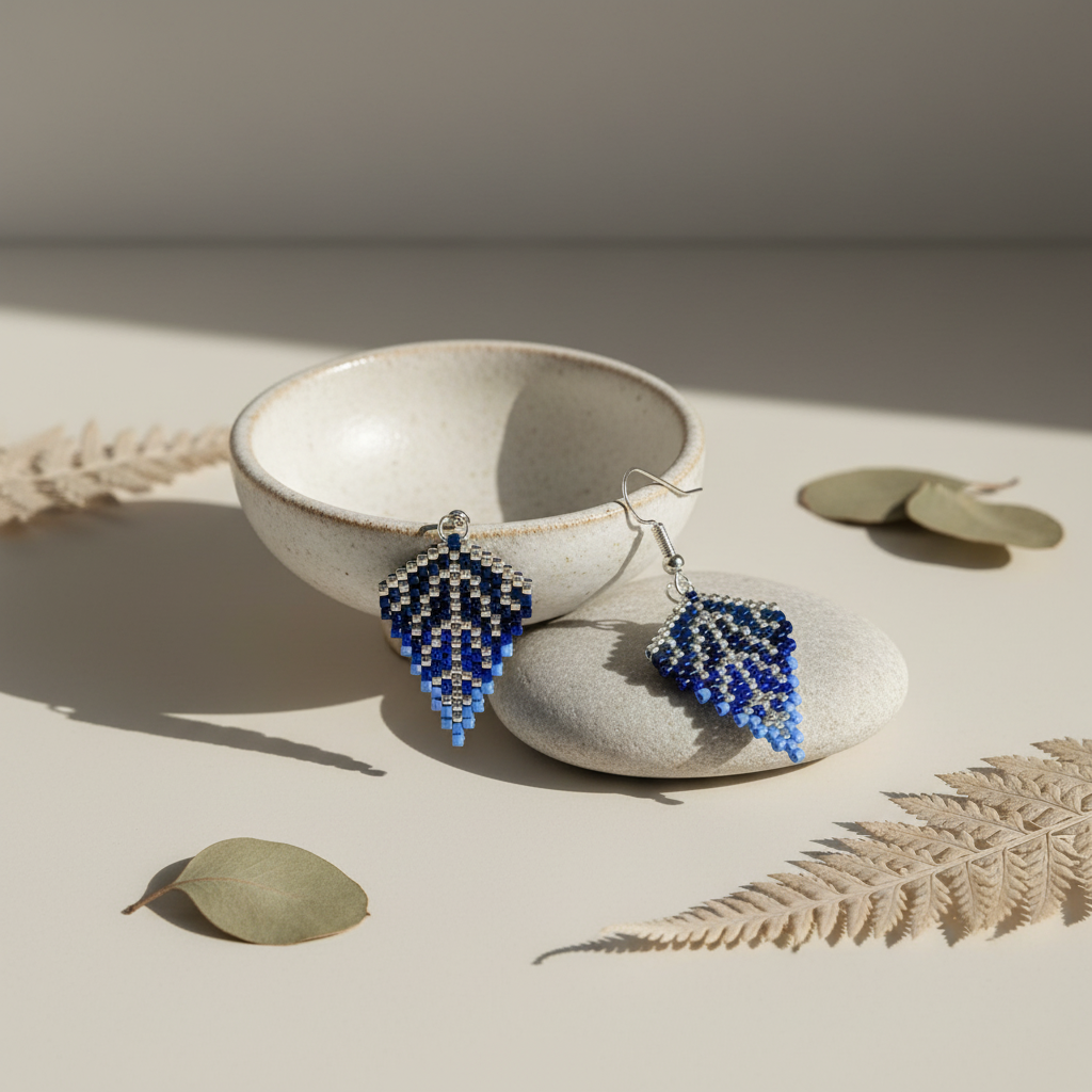 Stylede håndlavede miyukiperle-øreringe med blåt bladmotiv