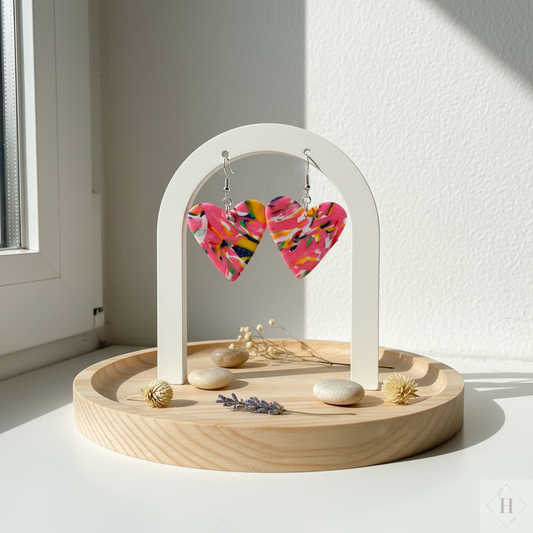 Stylede håndlavede polymer clay hjerte-øreringe i multifarver