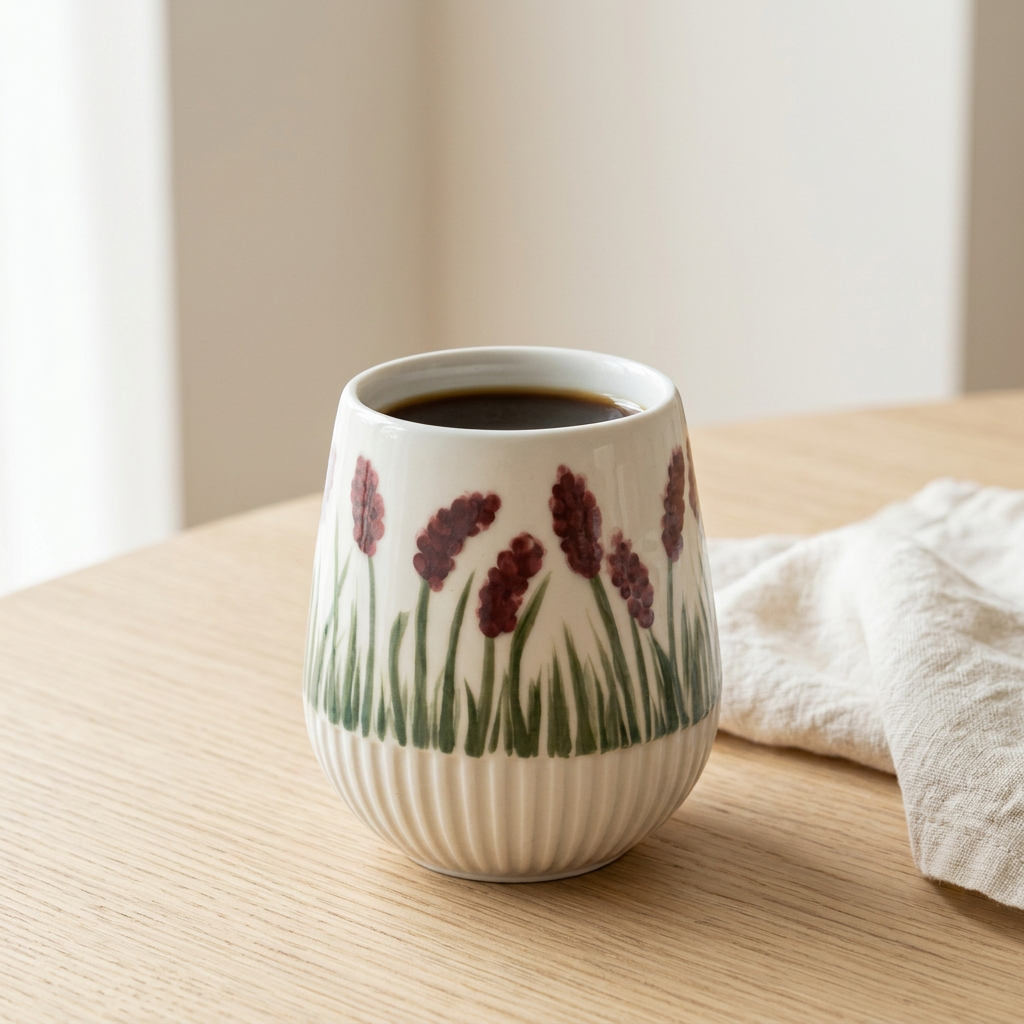 Stylet billede af porcelænskruset med bordeaux blomster