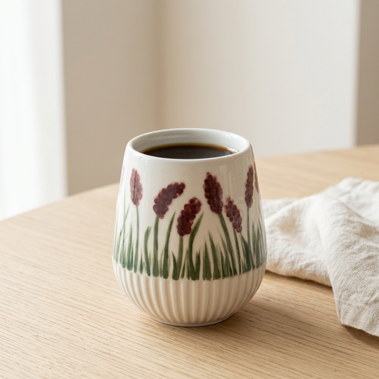 Stylet billede af porcelænskruset med bordeaux blomster