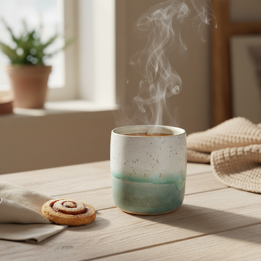 Stylet blågrønt håndlavet krus i keramik i hyggelig scene