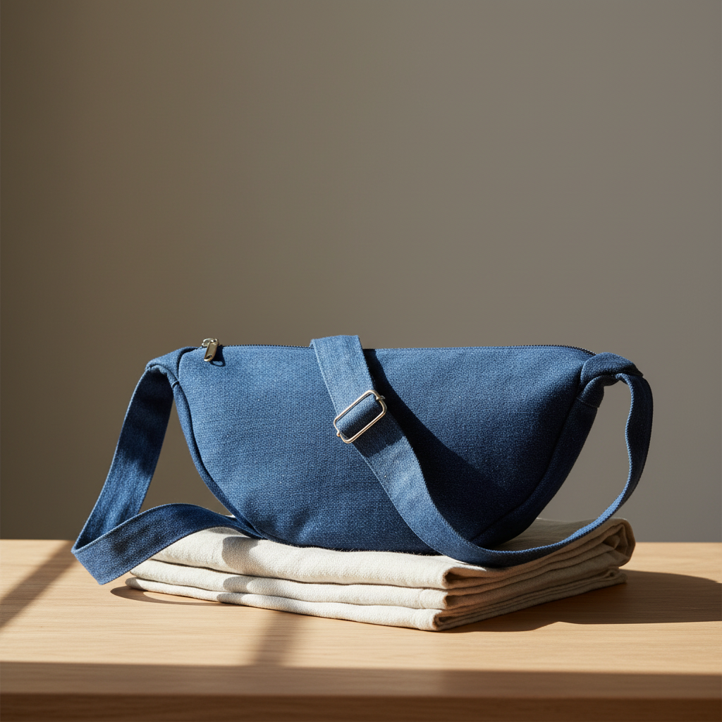 Stylet cross body taske i mørk denim med spænde