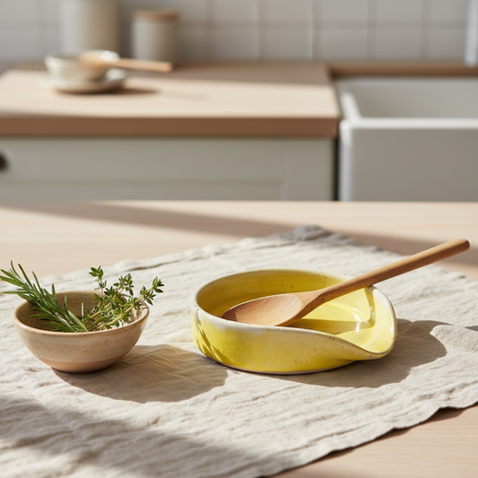 Stylet gul keramik spoon rest i nordisk køkkenscene
