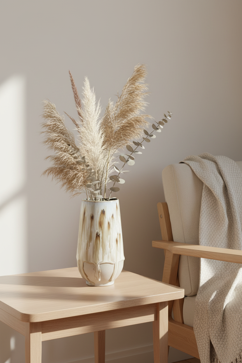 Stylet høj keramikvase i hvid og brun med tørrede blomster