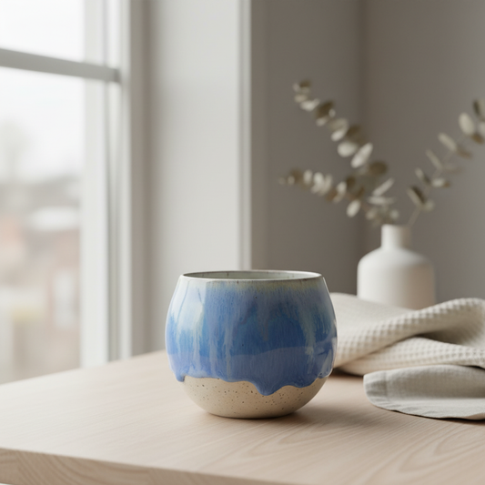 Stylet håndlavet buttet krus i keramik med blå/hvid glasur