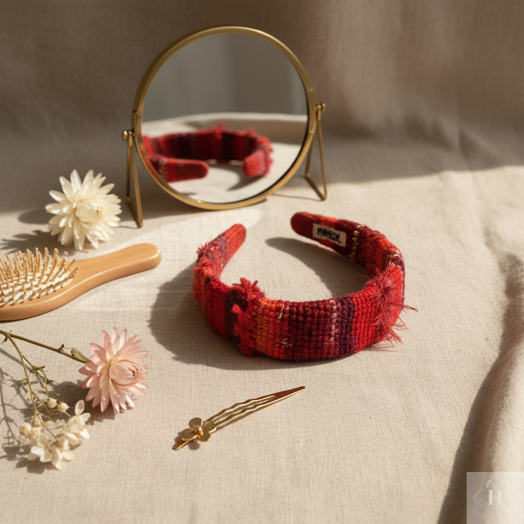 Stylet håndlavet hæklet hårbøjle i røde nuancer