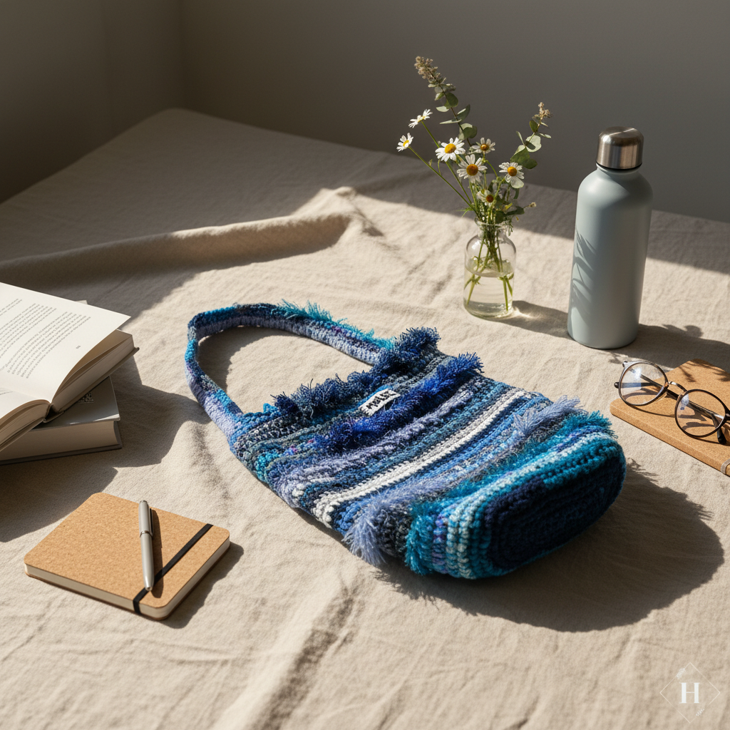 Stylet håndlavet hæklet totebag i blå