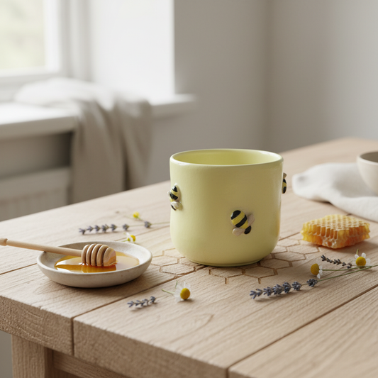 Stylet håndlavet keramikkop uden hank med bier