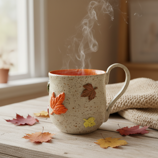 Stylet håndlavet keramikkrus med håndmalede efterårsblade