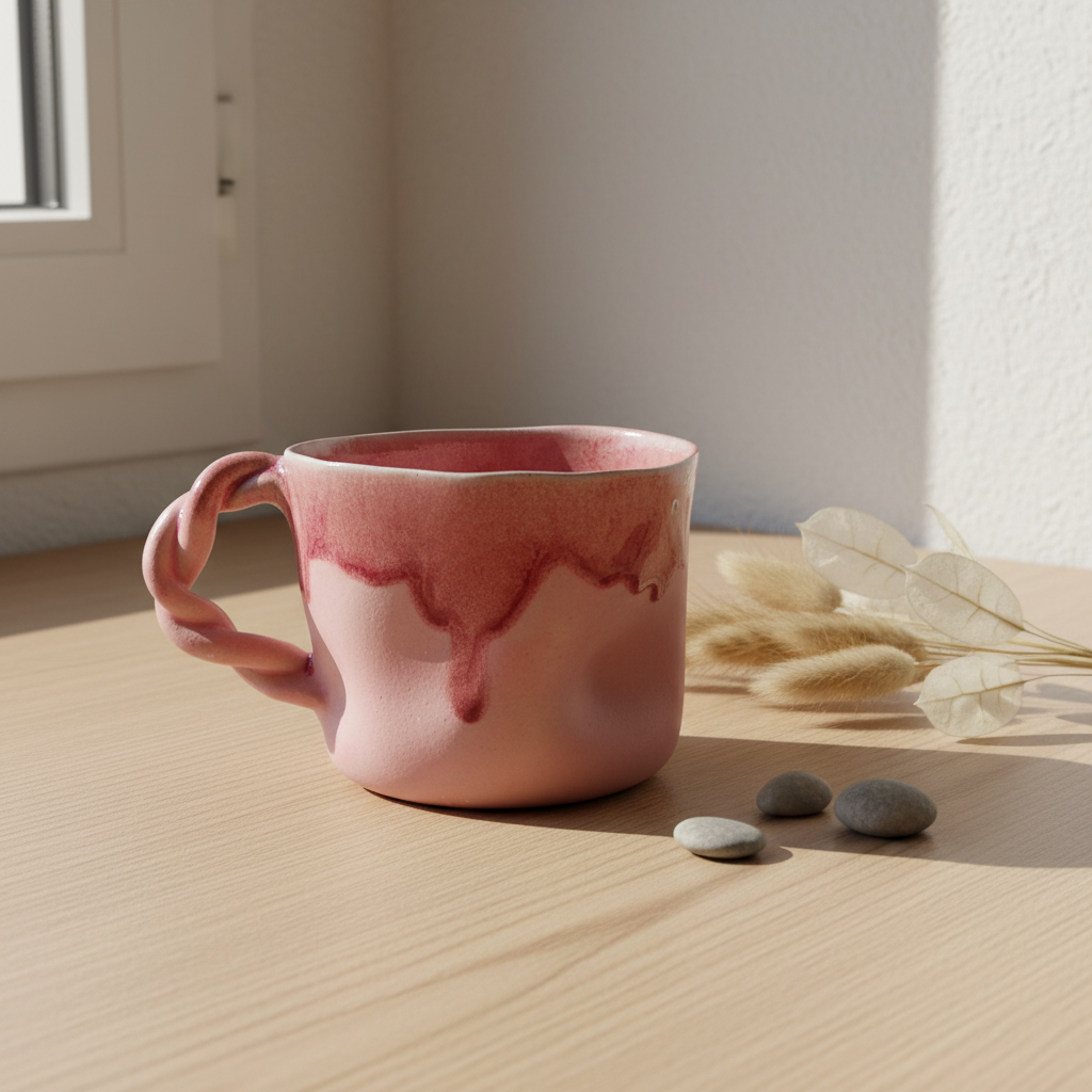 Stylet håndlavet keramikkrus med snoet hank i lyserød