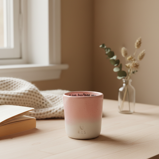 Stylet håndlavet keramikkrus uden hank i hyggelig nordisk scene