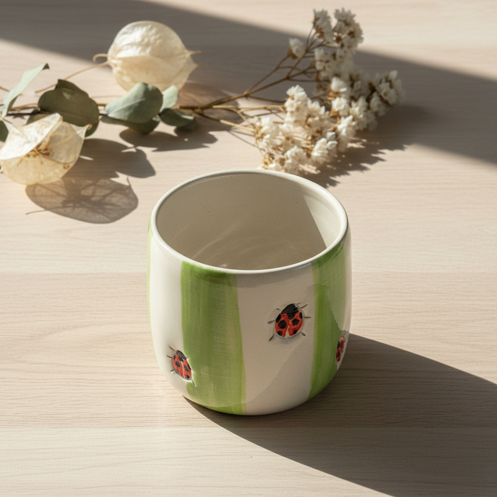 Stylet håndlavet keramikkrus uden hank med mariehøne