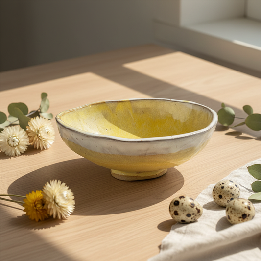 Stylet håndlavet keramikskål formet som påskeæg i gul