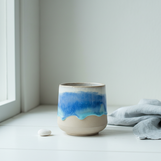 Stylet håndlavet krus i keramik med blå/hvid glasur