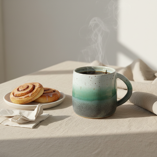 Stylet håndlavet krus med hank i blågrøn glasur