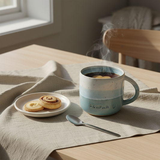 Stylet håndlavet krus med hank i lyseblå morfar glasur